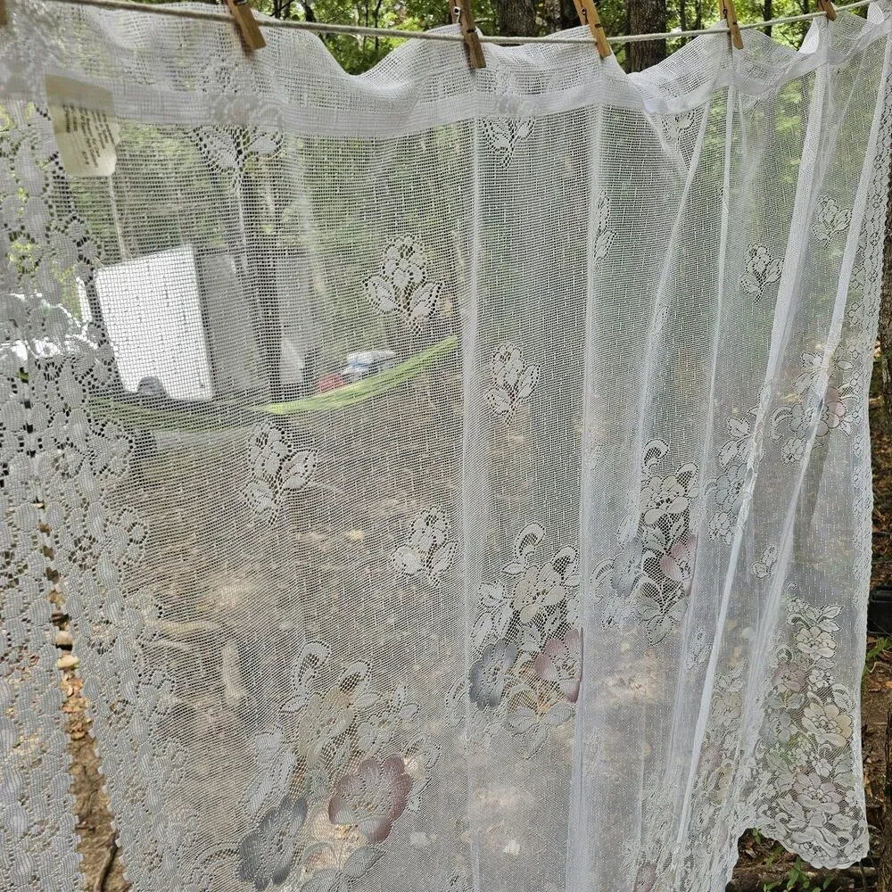 Vintage 90s JCPenney White Lace Curtains Pastel Floral Accents Scalloped Edge